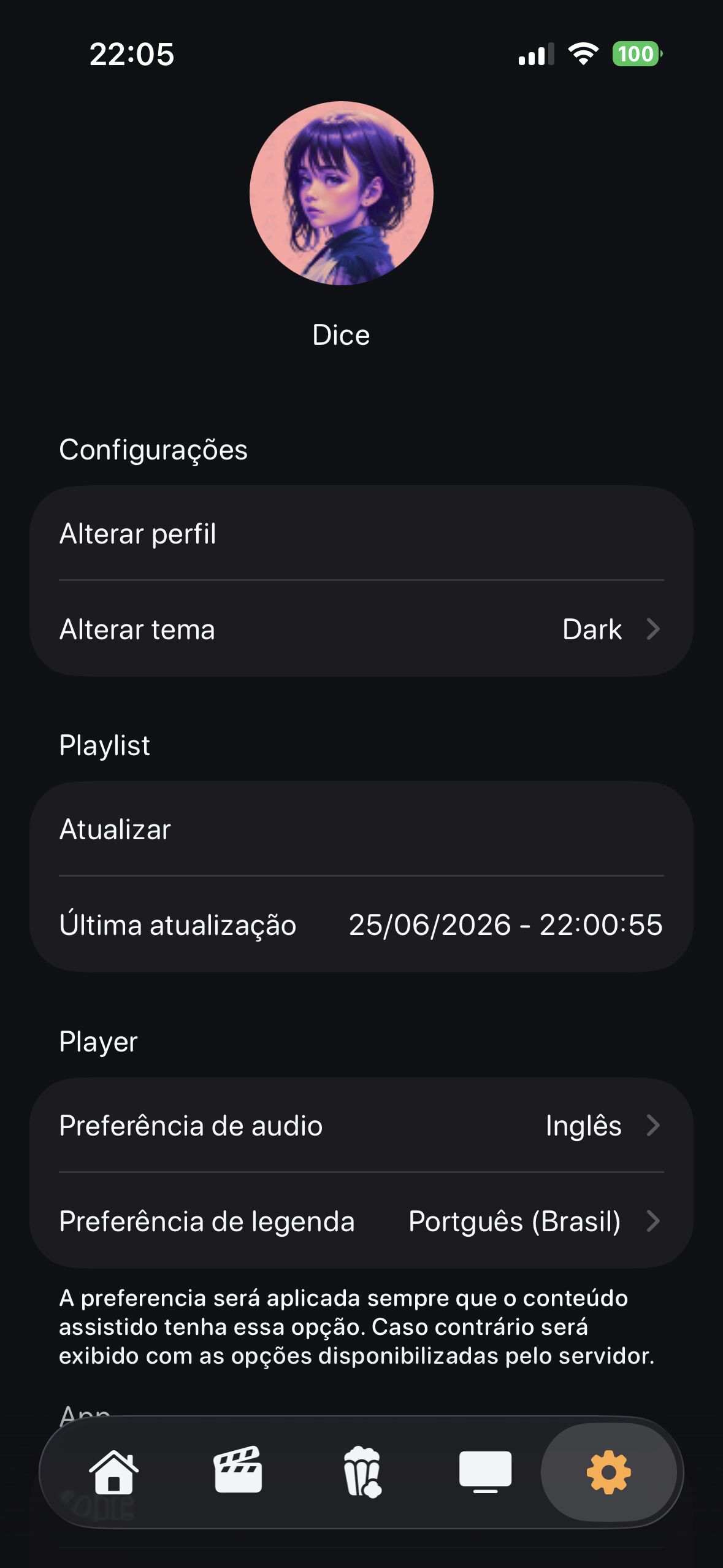Configurações do Nebula Player